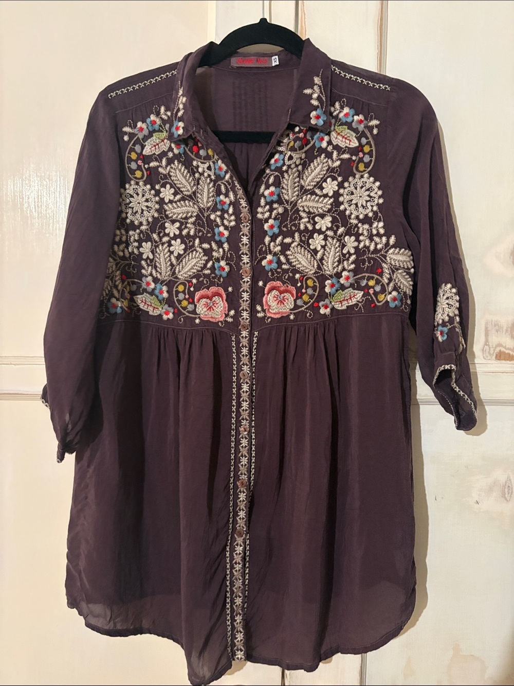 Johnny Was Plum Embroidered Boho Tunic Top